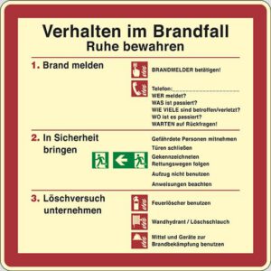 Schild cm 20x20 Verhalten im Brandfall Ruhe bewahren...