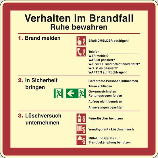 Schild cm 20x20 Verhalten im Brandfall Ruhe bewahren...